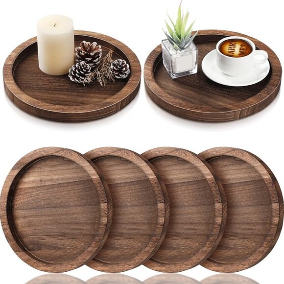 Other - NEW 6 Pcs Rustic Wood Decorative Tray Farmhouse Wooden Tray Serving Round Tray